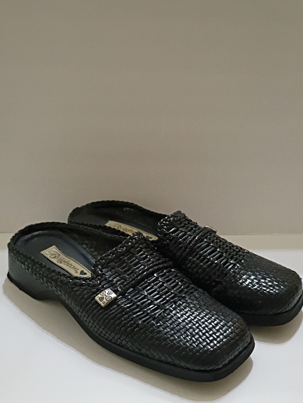 Brighton Black Woven Leather Slip-On Mules